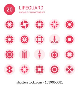 lifeguard icon set. Collection of 20 filled lifeguard icons included Lifebuoy, Lifesaver, Buoy, Float, Floating, Floats, Lifeguard