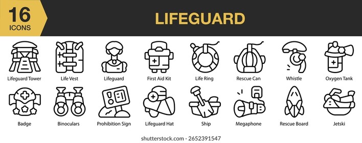 Lifeguard icon set. Editable Stroke Icon Collection. Includes lifeguard, safety, rescue, beach, water, and More. Outline icons vector collection.
