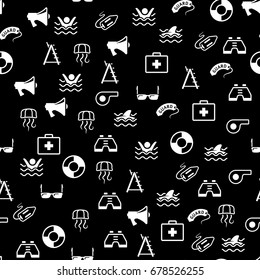 Lifeguard icons in black & white. Seamless pattern. Background vector illustration.