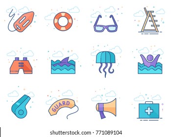 Lifeguard icons in flat color style. Vector illustration.