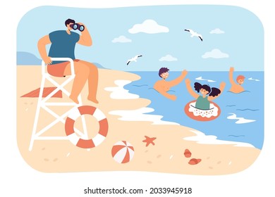 Lifeguard Looking After Swimming Kids From Beach. Flat Vector Illustration. Boys And Girl Enjoying Water. Rescuer Sitting On Lifeguard Tower, Looking Through Binoculars. Safety, Sea, Guard Concept