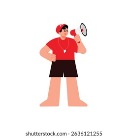 Lifeguard male character in a red-top black pants yelling through a megaphone vector Illustration
