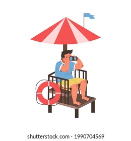 Lifeguard male character sitting at his rescue post on the beach and watching through binoculars, flat vector illustration isolated on white background.