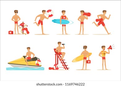 Lifeguard man character doing his job. Water rescue vector Illustrations