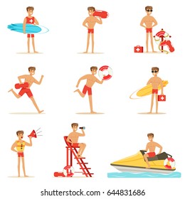 Lifeguard man character doing his job. Water rescue vector Illustrations