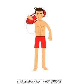 Lifeguard man character on duty standing and holding life preserver buoy on his shoulder vector Illustration