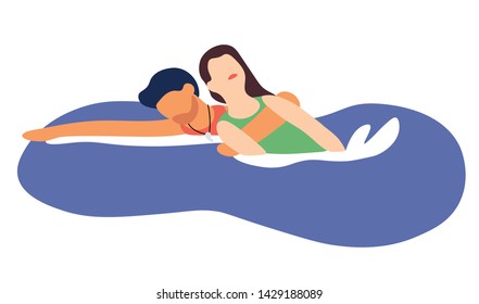 Lifeguard man holding sinking woman swimming in water. Lifesaver helping girl to swim to bridge. Emergency during summer vacation. First aid for drowning tourist. Flat cartoon vector illustration