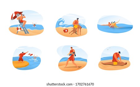 Lifeguard man rescue people, ocean beach emergency situation set, vector illustration. Safety at sea, guard saves drowning woman. First aid in dangerous situation, lifeguard cartoon characters help