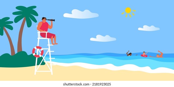 lifeguard man sitting on chair on the beach swimming people summer vacation  vector illustration