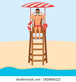 Lifeguard man sitting on an observation tower and looking at binoculars, professional lifeguard on the beach vector Illustration