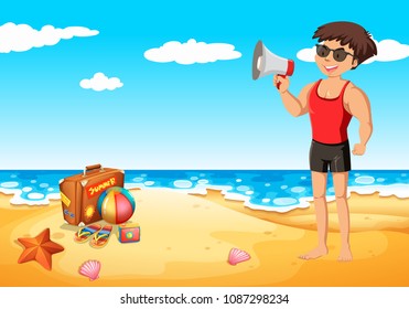 Lifeguard with Megaphone at The Beach illustration