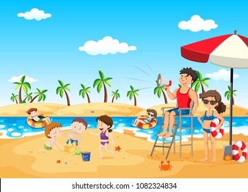 Lifeguard on the Beach Holding Megaphone illustration