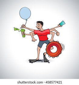 lifeguard on the beach with lots of hands, , vector illustration in cartoon style isolation from the background