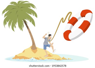 Lifeguard On Beach. Man Throws Lifebuoy. Illustration Concept For Mobile Website And Internet Development.