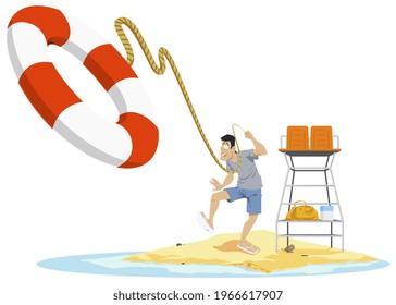 Lifeguard On Beach. Man Throws Lifebuoy. Illustration Concept For Mobile Website And Internet Development.