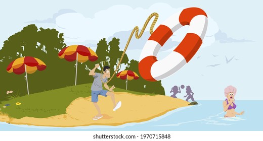 Lifeguard On Beach. Man Throws Lifebuoy. Illustration Concept For Mobile Website And Internet Development.