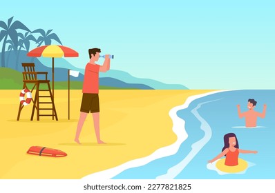 Lifeguard on beach observes children through binoculars, ensuring safety. Kids swimming in sea. Rescue on water. Summer vacation. Cartoon flat isolated emergency character. Vector concept