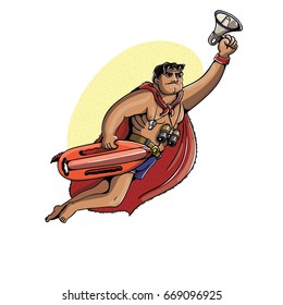 Lifeguard on the beach with a rescue buoy. Vector illustration