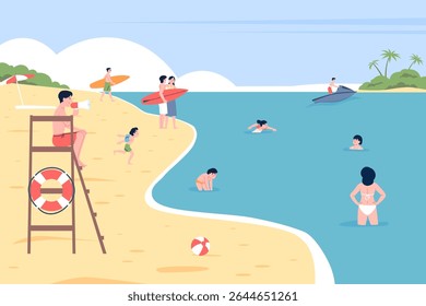 Lifeguard on beach watching swimmers. Adults children swimming in sea. Seasonal beachside with lifesaver on tower, rescue with lifebuoy, recent vector scene