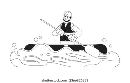 Lifeguard on inflatable boat monochrome concept vector spot illustration. Man rowing and saving people during flood 2D flat bw cartoon character for web UI design. Isolated editable hero image