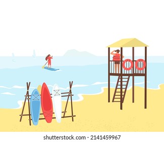 A lifeguard on a tower by the sea watches a girl floating on the water. Various types of boards on the beach at the rental office. Summer water sports outdoors. Flat vector illustration.