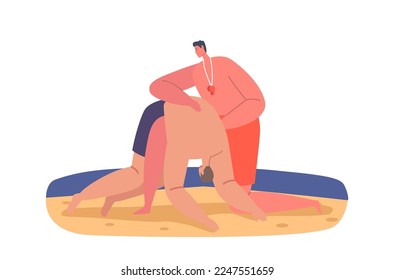 Lifeguard Profession Concept. Man Rescuer Save Life to Victim on Ocean Beach. Character Help to Drowned Person Help to Breath and Delete Water from Lungs. Cartoon People Vector Illustration