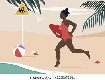 A lifeguard in a red swimsuit sprints towards the water, carrying a rescue float, as a beach ball lies nearby under clear skies, Safety is paramount on this sunny day