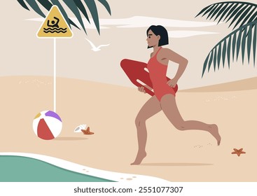 A lifeguard in a red swimsuit sprints towards the water, carrying a rescue float, as a beach ball lies nearby under clear skies, Safety is paramount on this sunny day