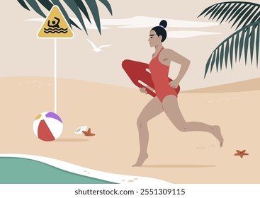 A lifeguard in a red swimsuit sprints towards the water, carrying a rescue float, as a beach ball lies nearby under clear skies, Safety is paramount on this sunny day