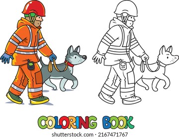 Lifeguard Or Rescuer In Uniform And Helmet With Cadaver Dog. Coloring Book. Children Vector Illustration.