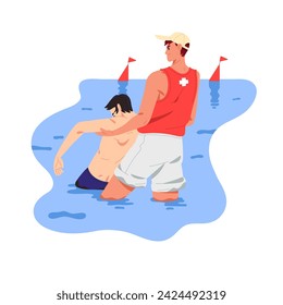 Lifeguard rescues drowning man. Rescuer saves people from danger in sea, pulls person out of water. Emergency situation, accident on beach during swimming. Flat isolated vector illustration on white