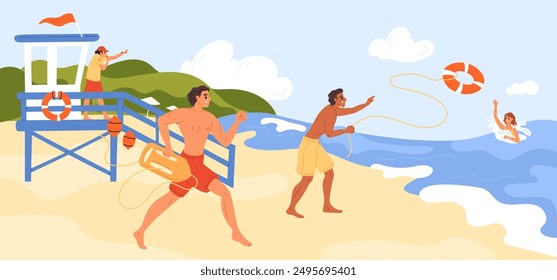 Lifeguard rescues people. Men on beach throw lifebuoy to drowning woman. Sea observation tower. Professional rescuer. Swimming safety. Lifesavers rush to victim. Garish