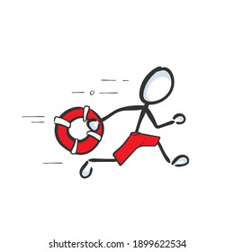 Lifeguard running to rescue. Vector simple beach patrol save life. Red lifebelt equipment. Stickman cartoon clipart. Hand drawn. Doodle sketch, graphic illustration