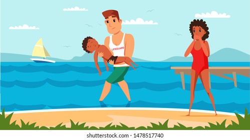 Lifeguard saving child flat vector illustration. Lifesaver keeping unconscious kid on hands cartoon characters. Professional rescuer and scared mother on beach. Emergency rescue, help
