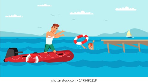 Lifeguard saving child flat vector illustration. Lifesaver on boat inflatable ring buoy to swimmer cartoon characters. Lifeguard rescue equipment. Beach emergency rescue. Male rescuer on duty