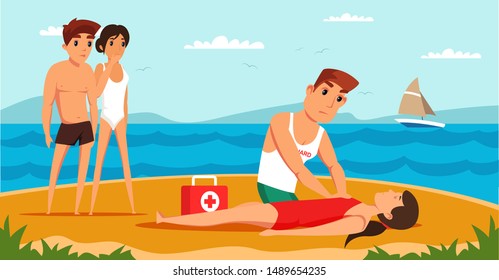 Lifeguard Saving Drowning Flat Vector Illustration. Professional Rescuer Doing Artificial Respiration Cartoon Characters. Lifesaver Giving First Aid To Woman. Frightened Friends On Beach