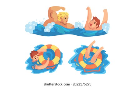 Lifeguard Saving Man, Man Drowning and Raising his Hand for Help out of Water, Emergency, Rescue, Help Cartoon Vector Illustration