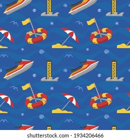Lifeguard Seamless Pattern with Buoy, Jet Ski, Depth Marker, and Umbrella Beach. can be used this design to create poster, tshirt, pillow, tote bag, pouch, phone case, etc.