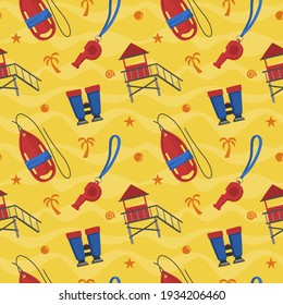 Lifeguard Seamless Pattern with Guard Whistle, Binoculars, Torpedo Buoy, and Watchtower.  use this design to create poster, tshirt, pillow, tote bag, pouch, phone case, etc.