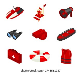 Lifeguard service vector illustrations set. Isometric beach rescuers accessories icons isolated on white background. Water scooter, safety ring, first aid kit stickers. Lookout tower and loudspeaker