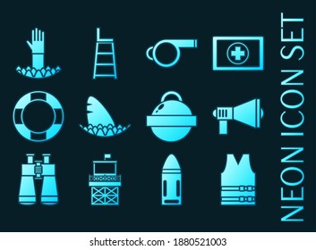 Lifeguard set icons. Blue glowing neon style.