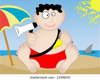 Lifeguard sits on the beach holding a bullhorn and whistle with a shark looming