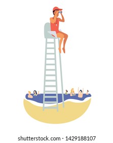 Lifeguard sitting in tower looking after tourist swimming in sea. Lifesaver protecting tourists. Emergency during summer vacation. Safety on public beach. Flat cartoon vector illustration