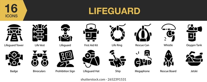 Lifeguard solid icon set. Editable Stroke Icon Collection. Includes lifeguard, safety, rescue, beach, water, and More. Solid icons vector collection.