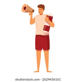 Lifeguard speaking through megaphone holding a lifebelt, making an important announcement about safety rules