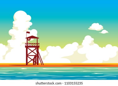 Lifeguard station on a beach and blue sea on a cloudy sky. Vector illustration with summer landscape. svg