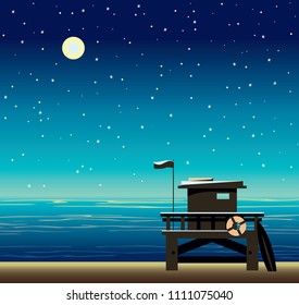 Lifeguard station on a beach with with blue sea on a night starry sky. Vector illustration with summer landscape. svg