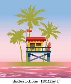 Lifeguard station on a beach with green palm and sea on a sunset sky. Vector illustration with tropical landscape. svg