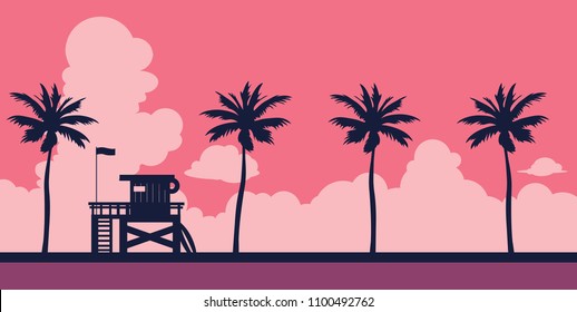 Lifeguard station on a beach with palm on a sunset sky. Vector illustration with tropical landscape. Summer card. svg