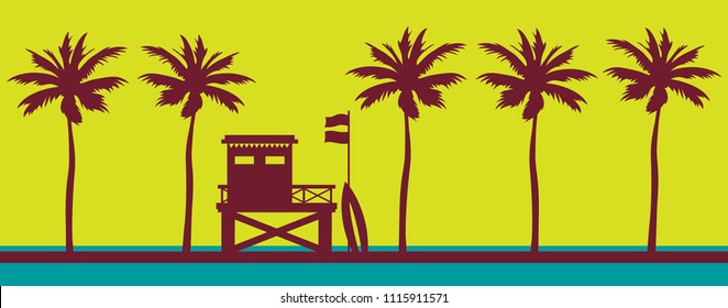 Lifeguard station on a beach with palm on a sunset sky. Vector illustration with tropical landscape. Summer card. svg